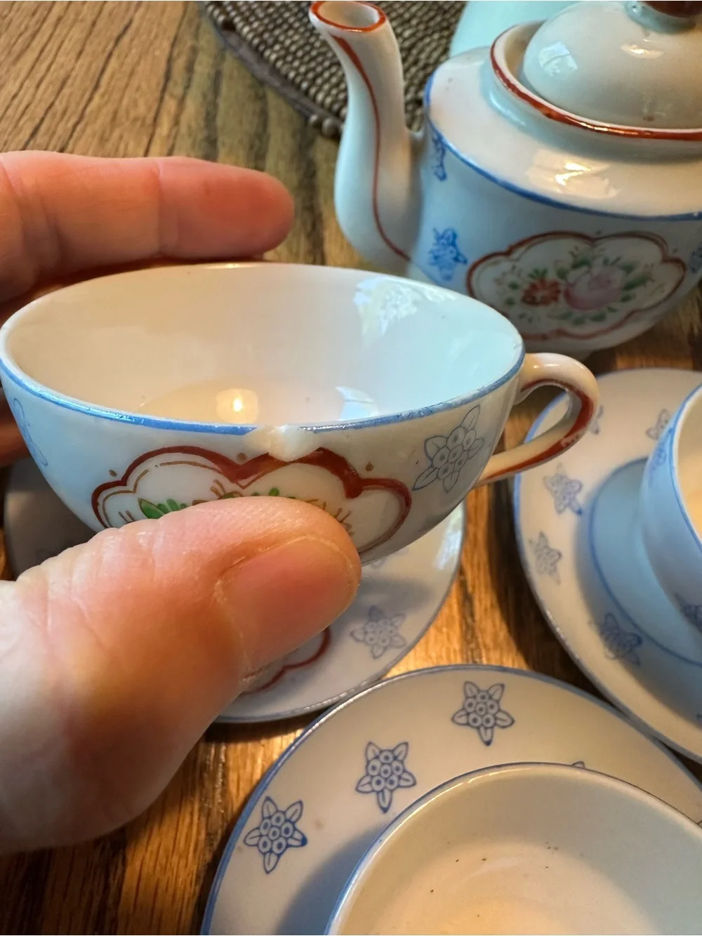 Vintage Japanese Porcelain Floral Tea Set - White with Pink & Blue Accents